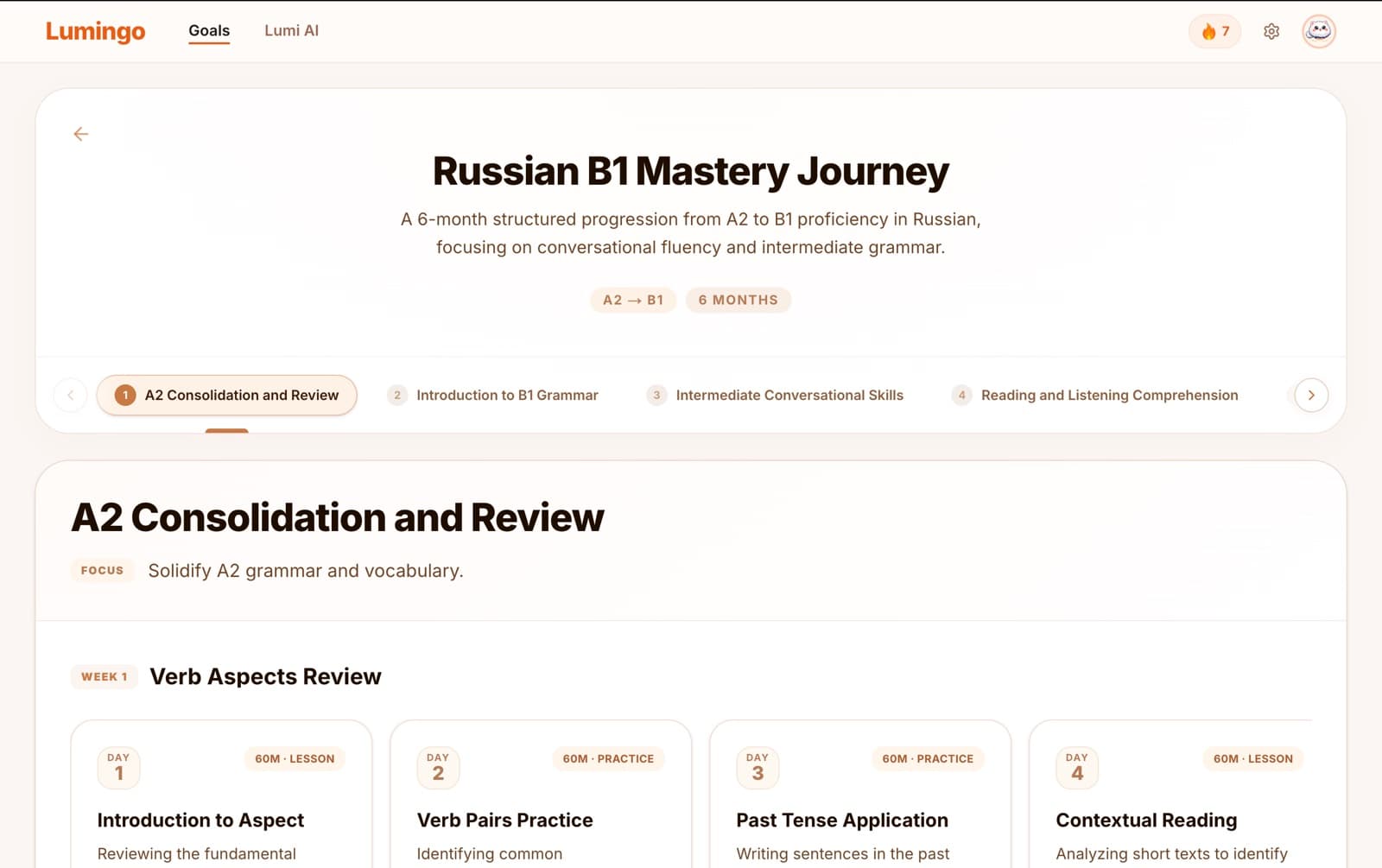 Lumingo learning path preview from A2 to B1 with phases and daily nodes