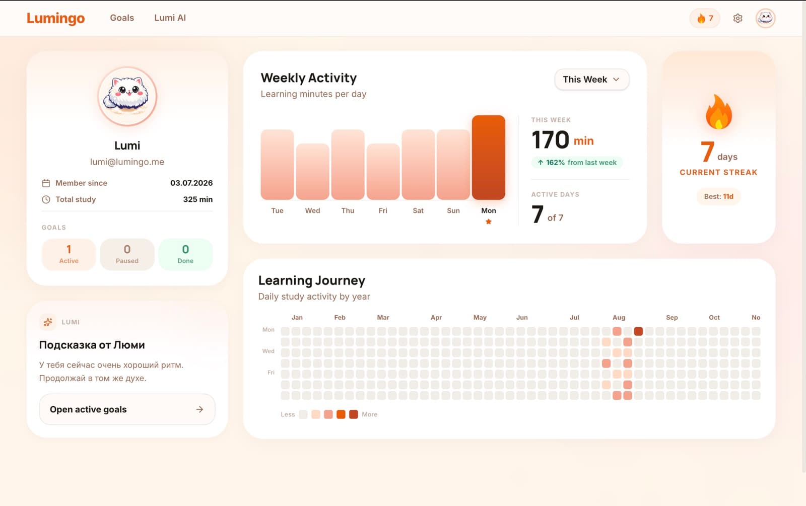 Lumingo profile showing weekly activity, study time, streak, and learning history
