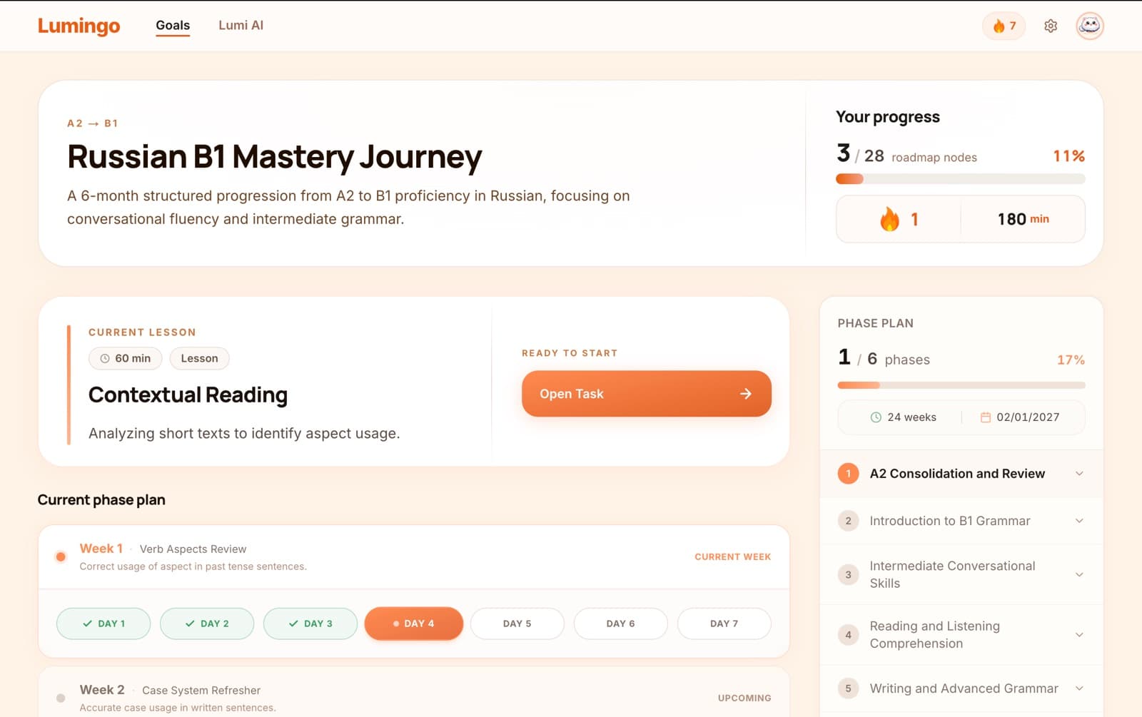 Lumingo goal page showing progress, the current lesson, and the phase plan